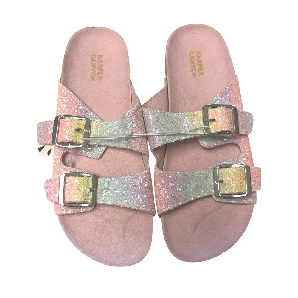 Wonder Nation Girls Glitter Double Buckle Slide Sandals Pink Rainbow Sparkle 3